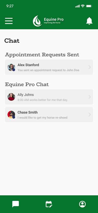 EquinePro owner app showing in-app chat before contact sharing