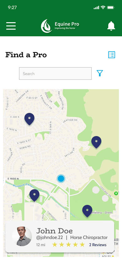 EquinePro owner app showing map-based discovery