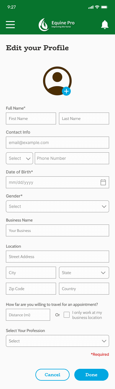 EquinePro professional app showing profile setup