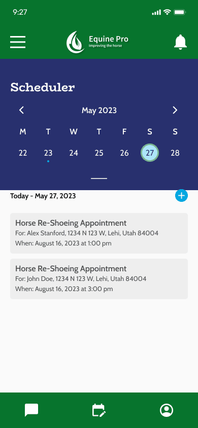 EquinePro professional app showing scheduling and reminder tools