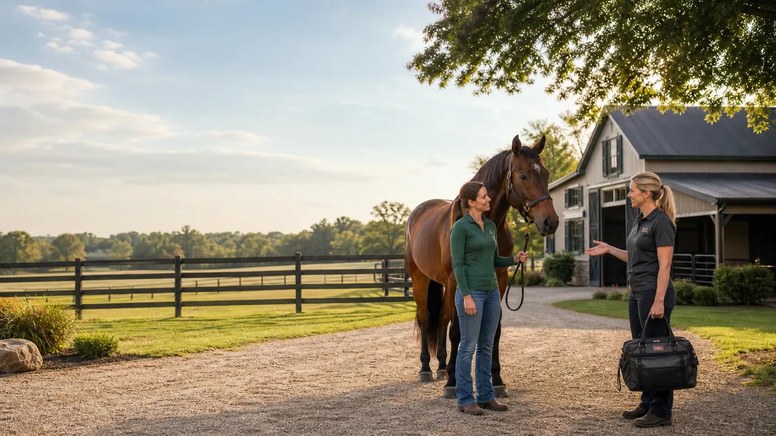 Horse owner speaking with an equine professional beside a horse at a stable